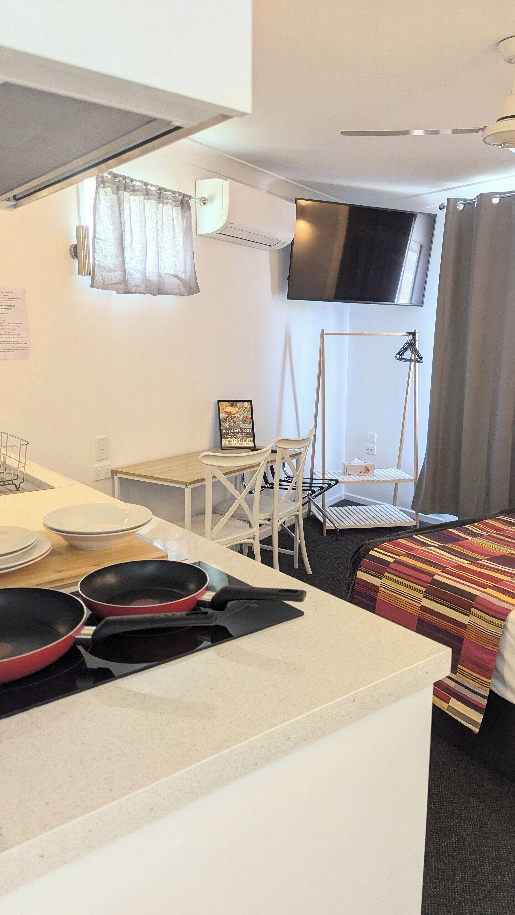 Blackout curtains, iron/ironing board, free WiFi, bed sheets