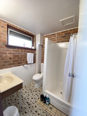 A bathroom with a toilet, sink, and shower. - Proserpine Motor Lodge (Proserpine)