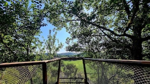 A wooden bridge with a metal safety net, surrounded by trees and a view of a distant landscape. - Gite du Coustal, Ancienne Grange, Cajarc, Lot (Cajarc)