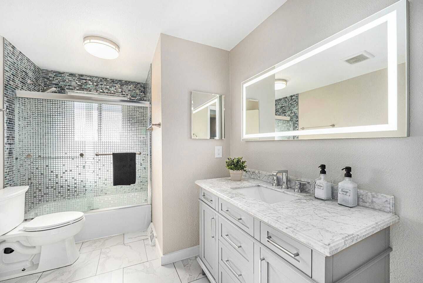 Hair dryer, towels, soap, shampoo