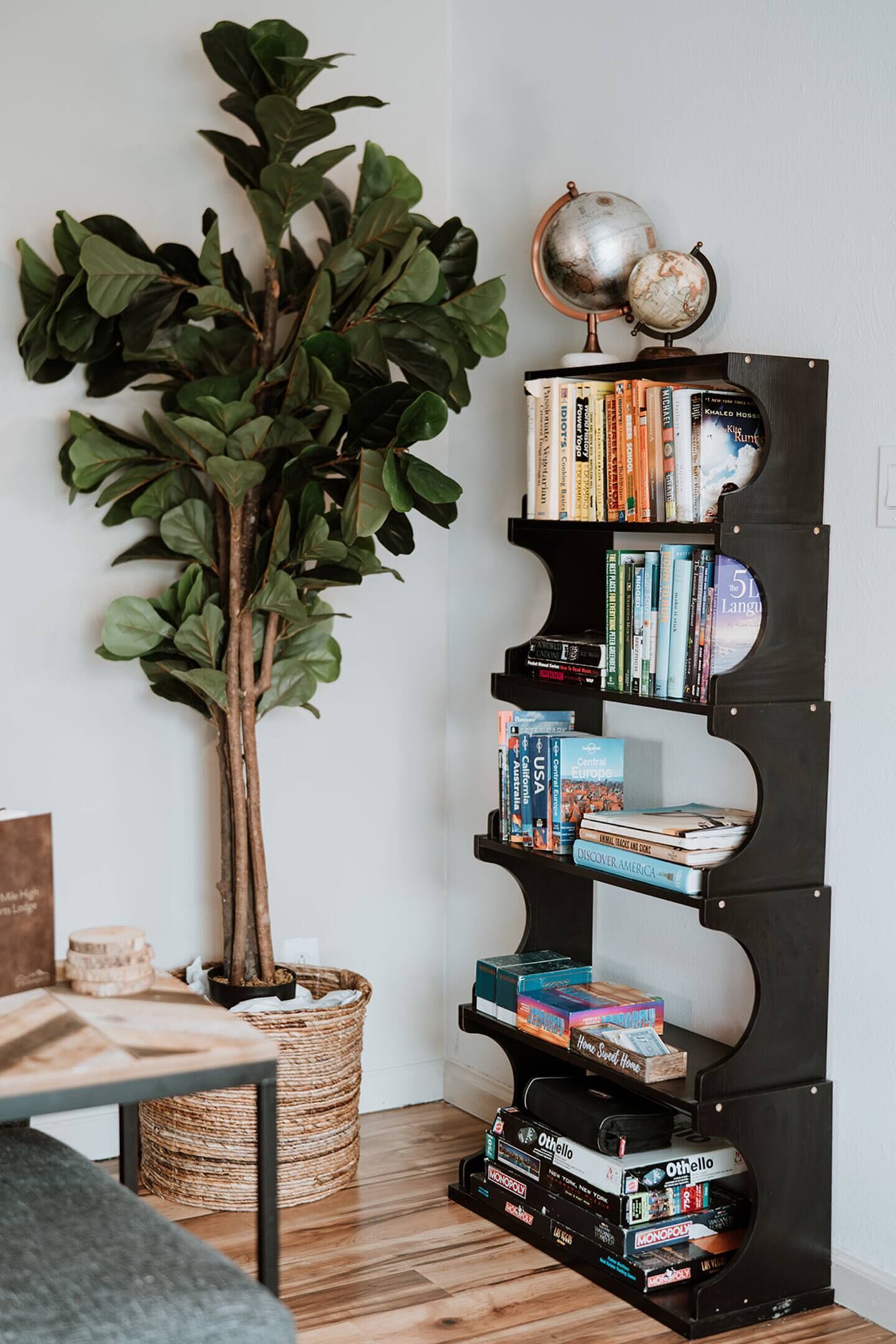 A bookshelf with books and a globe, a potted plant, and a woven basket on the floor.
