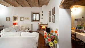 Een gezellige kamer met een open haard, een bed, een zithoek en een keuken, zichtbaar door een geopende deur.