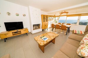 Una televisión, una chimenea, libros