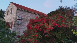 Ein Steinhaus mit rotem Ziegeldach, Klimaanlagen und einem Busch mit roten Blüten.