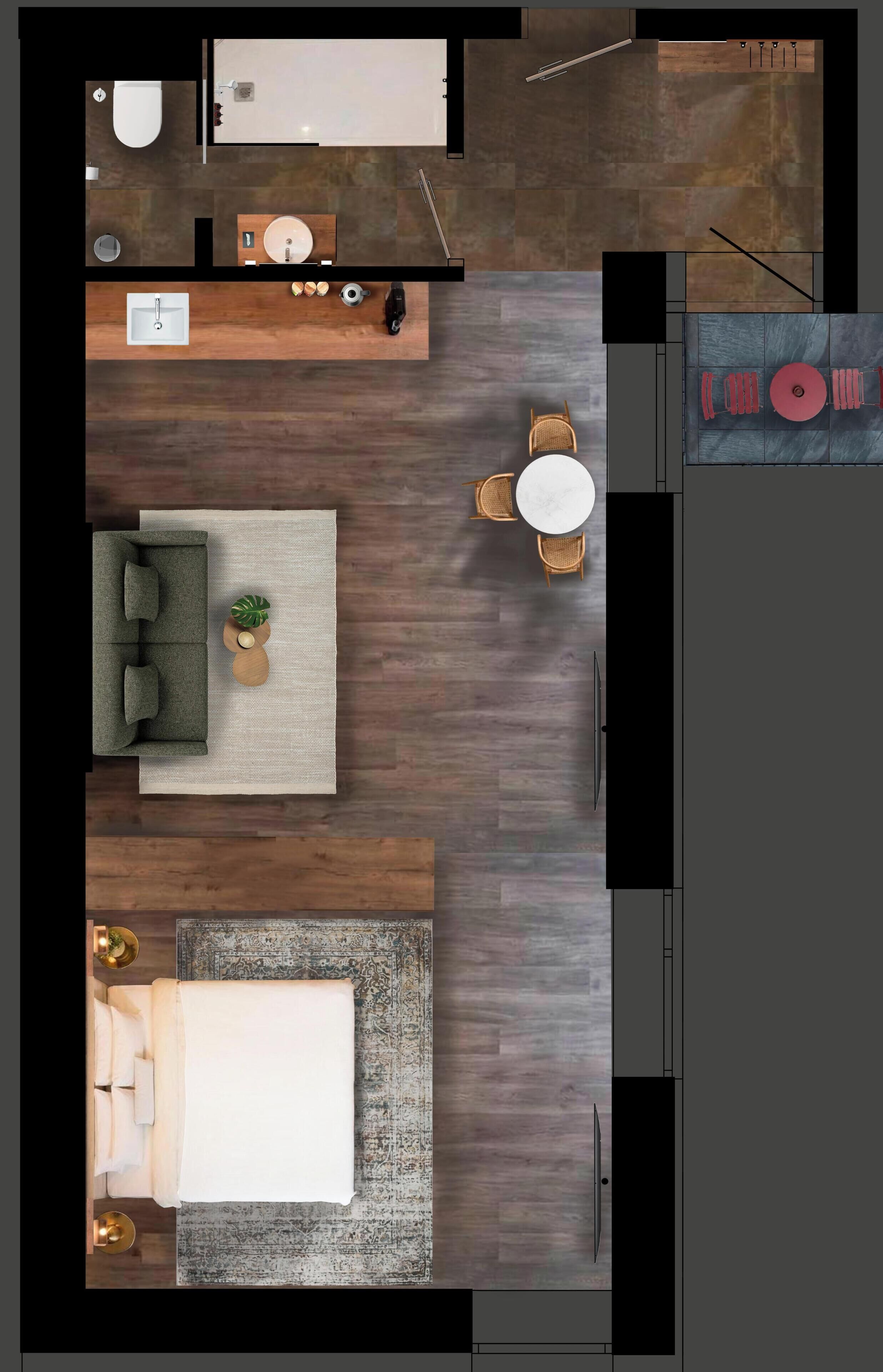 Vista cenital de una habitación de hotel con cama, sofá, una mesita, una silla, alfombra, baño y zona de comedor con mesa y sillas.