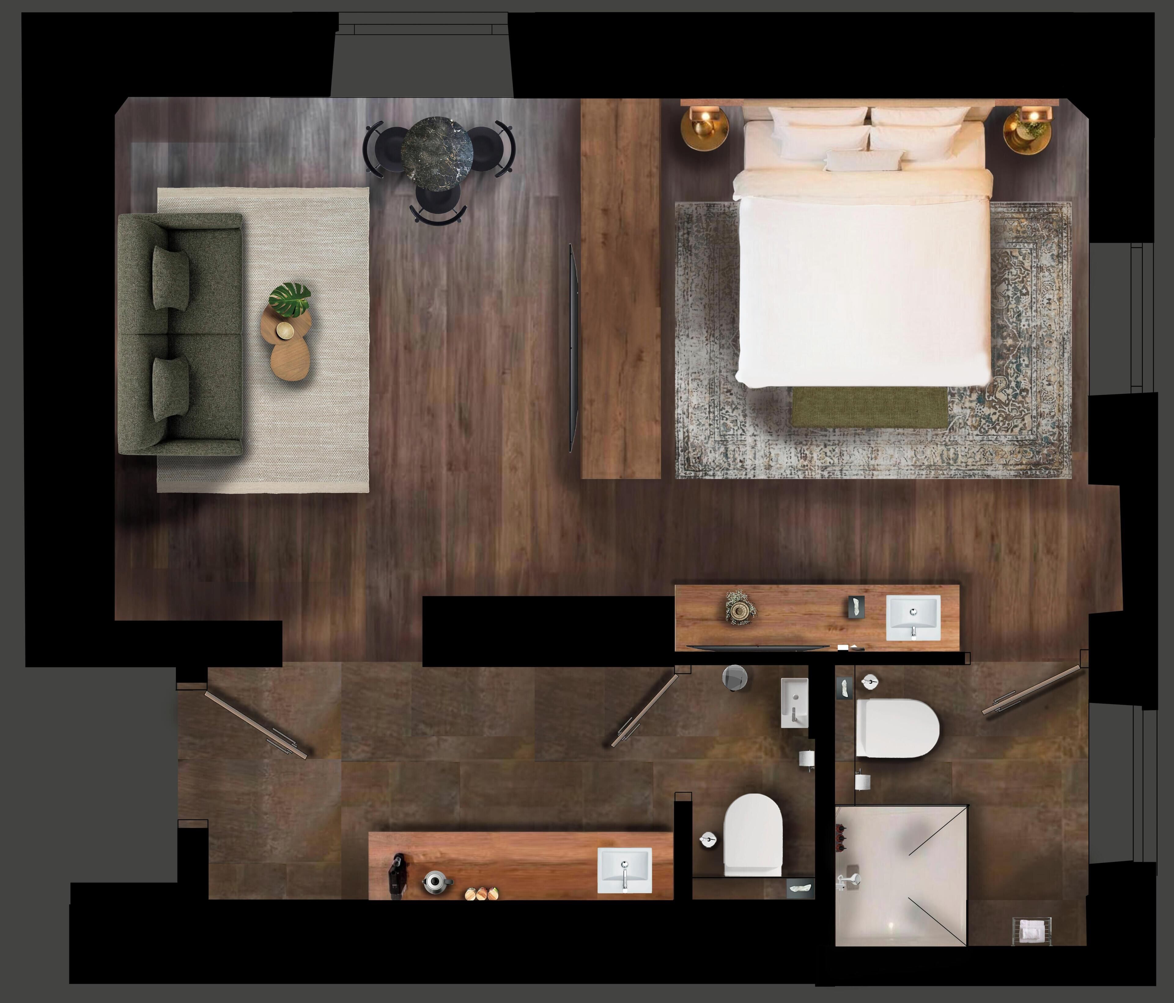 Una habitación de hotel moderna con sofá, cama, una mesita, baño con inodoro y lavamanos, y zona de ducha.