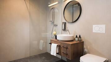 A modern bathroom with a glass shower enclosure, a wooden vanity with a sink, and a toilet.