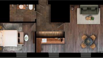 A hotel room with a bed, a sofa, a dining table with chairs, a bathroom, and a living area with a couch and a coffee table.
