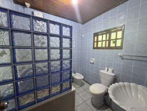 Hair dryer, towels, soap, toilet paper