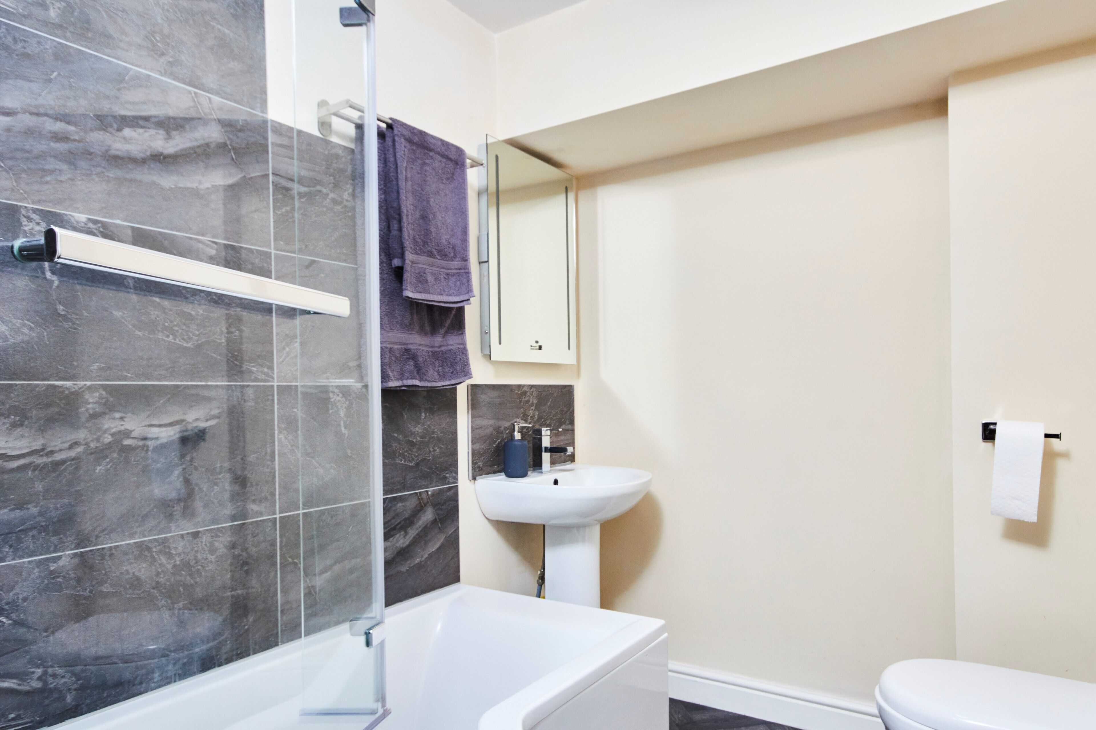 Un bagno con una vasca, un lavandino e un water.