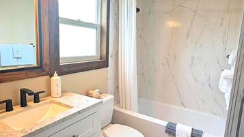 Combined shower/tub, hair dryer, towels