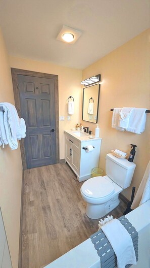 Combined shower/tub, hair dryer, towels