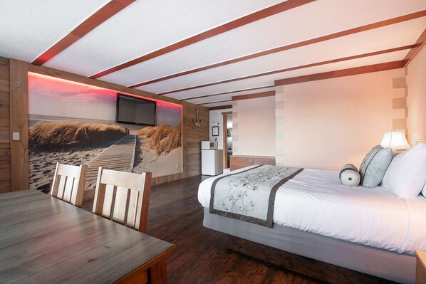 1 bedroom, desk, blackout curtains, iron/ironing board