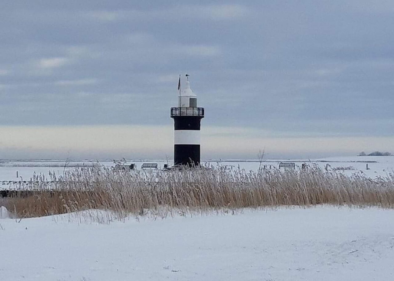Ett fyrtorn med en svartvit struktur, omgivet av snötäckt mark och gles vegetation.