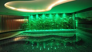 Un espace intérieur moderne doté d’un plafond incurvé, d’un élément décoratif aquatique agrémenté de plantes et d’un sol réfléchissant.