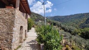 Un edificio de piedra con techo de madera rústica, un sendero estrecho que sube por una ladera y vistas de un paisaje verde y exuberante.