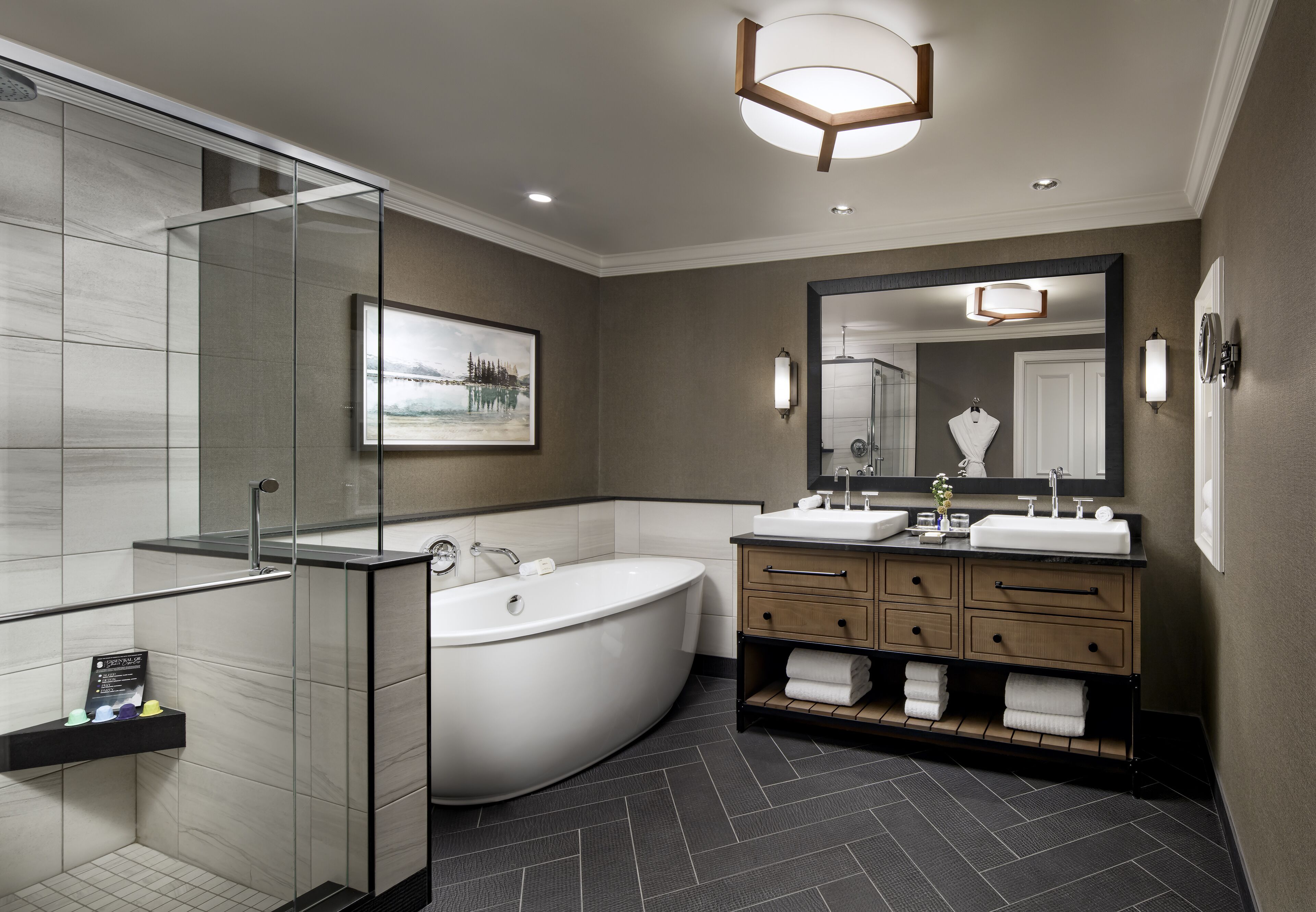 separate bathtub and shower, designer toiletries, hair dryer, bathrobes