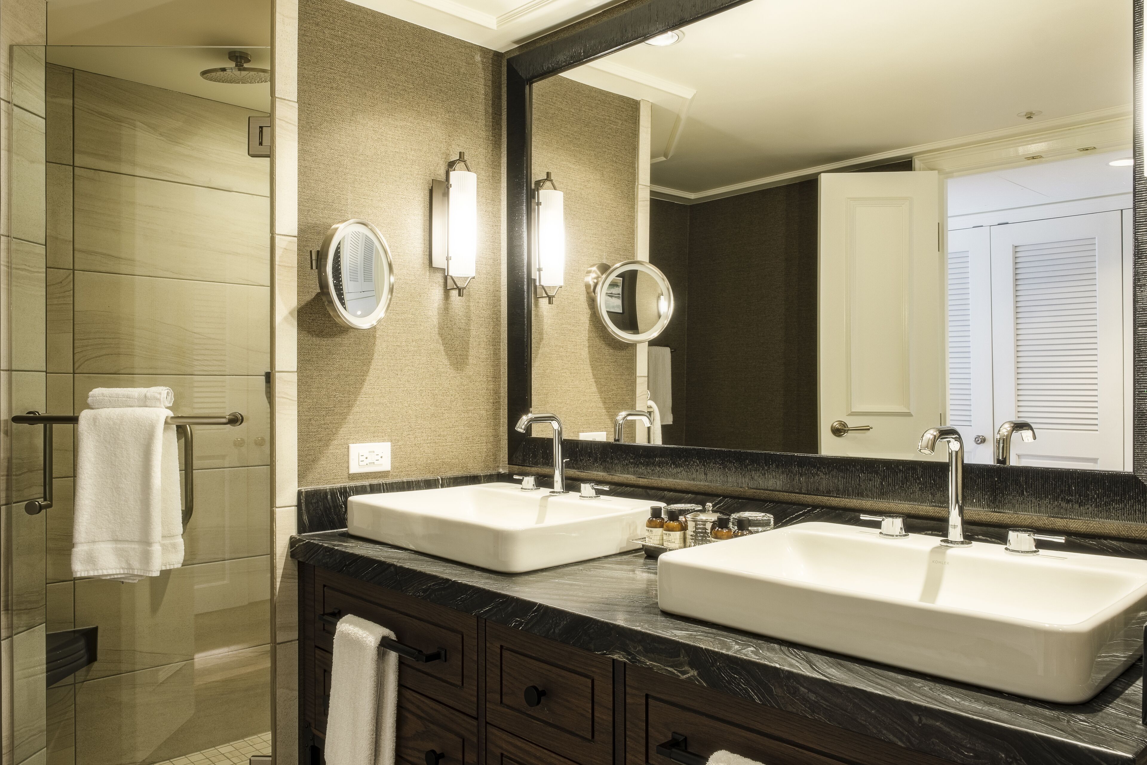 separate bathtub and shower, designer toiletries, hair dryer, bathrobes