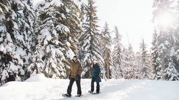 Deux personnes font de la planche à neige dans une forêt enneigée.