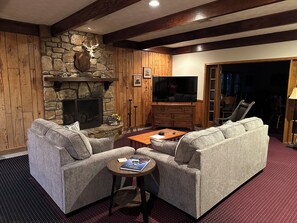 Smart TV, fireplace, DVD player, video library