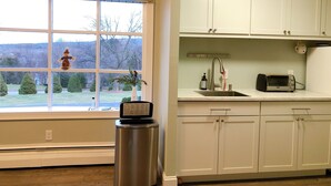 A kitchen with white cabinets, a stainless steel trash can, a window with a view of trees, and a ceiling light fixture.