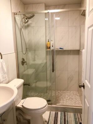 Shower, hair dryer, towels, soap