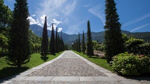 A paved pathway flanked by tall cypress trees, leading towards a mountainous landscape under a clear blue sky.