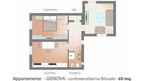 Un plan d’étage d’un appartement de 65 m², avec les différentes pièces clairement indiquées, notamment la cuisine, la salle de bain et le salon.
