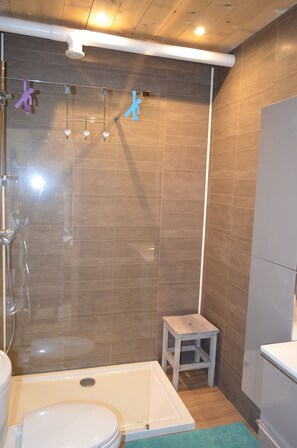 Douche, sĂšche-cheveux, savon, papier toilette