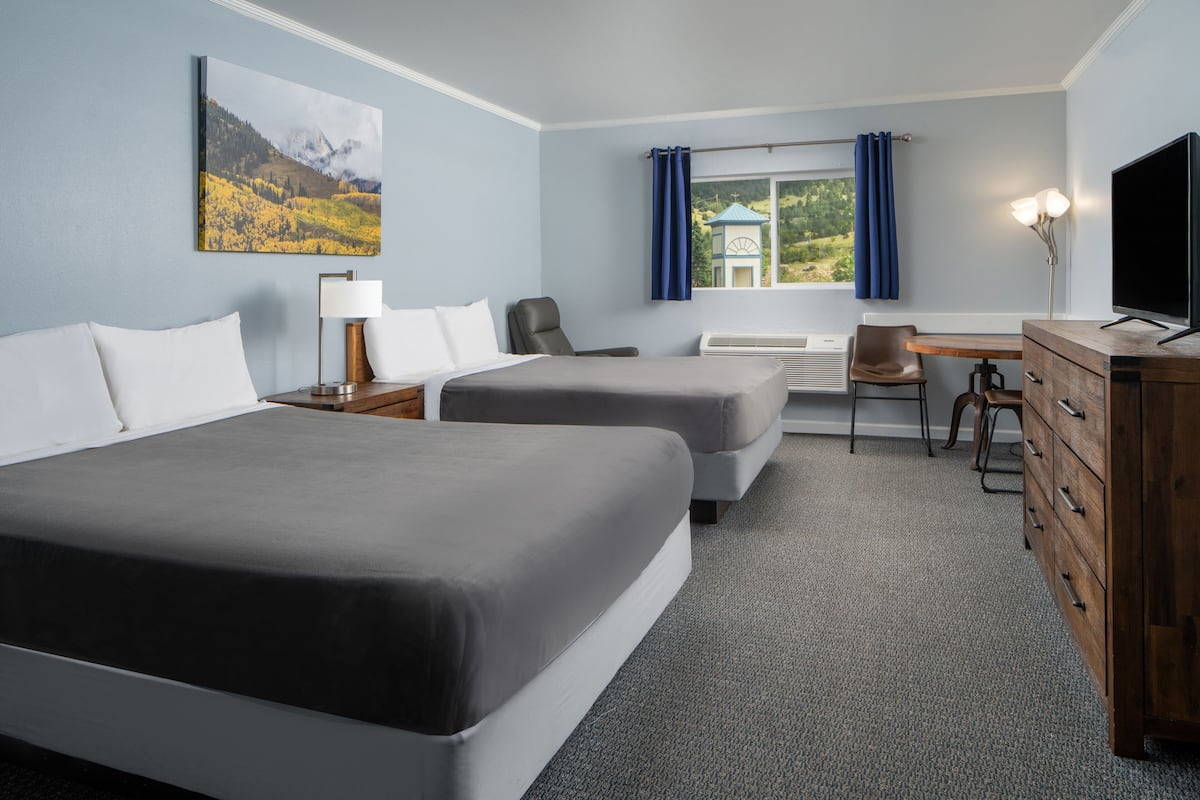 gold king mountain inn two queen beds | premium bedding, in-room safe, desk, iron/ironing board