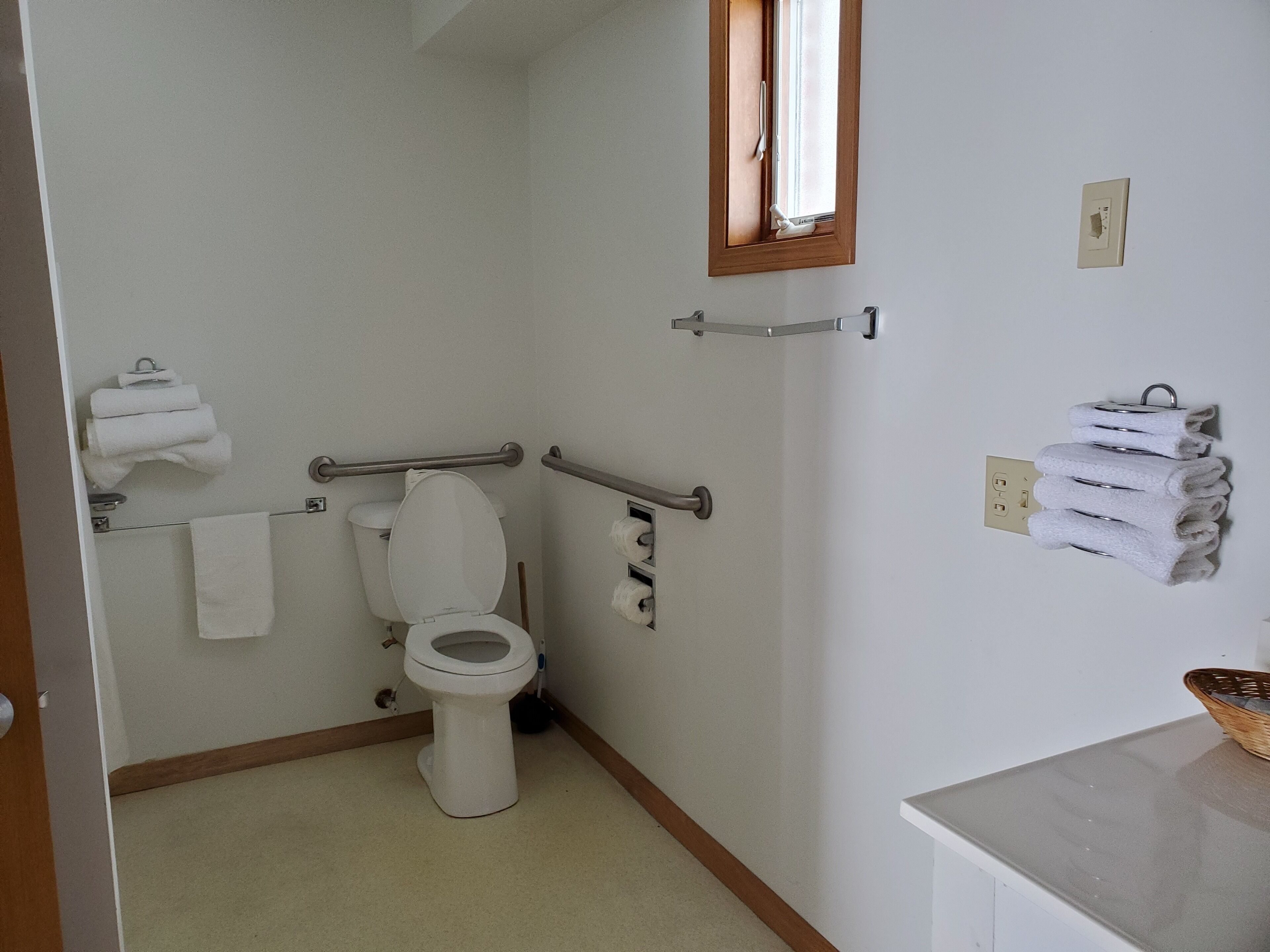 A small, clean bathroom with a toilet, handrails, a towel rack, and a window.