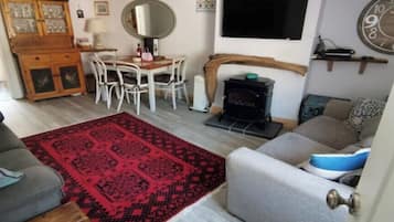 Télévision, cheminée, lecteur de DVD, livres