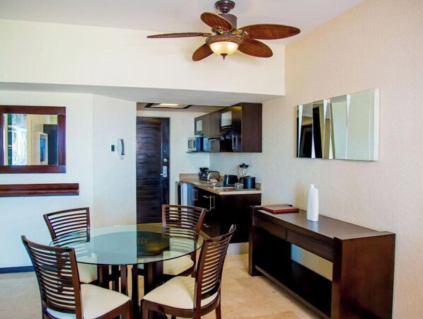 Fridge, microwave, oven, coffee/tea maker