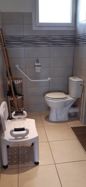 Ein Badezimmer mit Toilette, einer Haltestange, einer Holzleiter und einem weißen Stuhl.