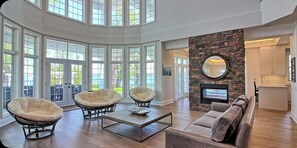 Smart TV, fireplace, video games, DVD player
