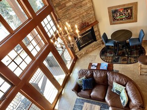 Smart TV, fireplace, video games, DVD player