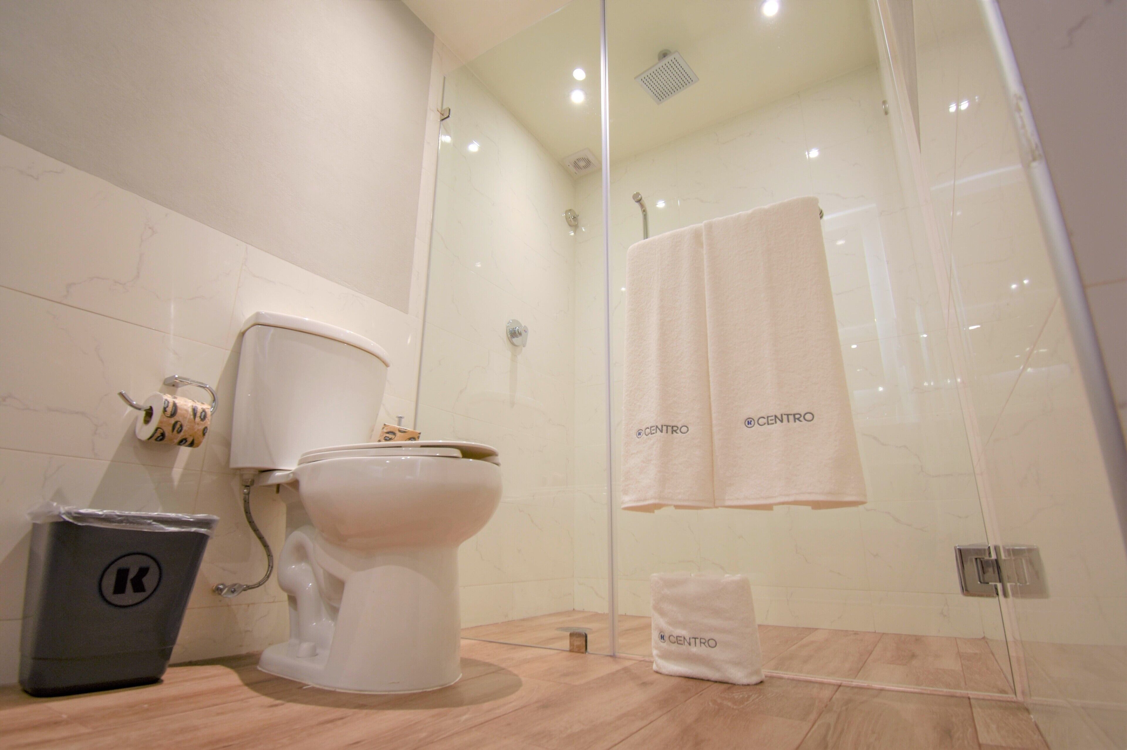 A modern bathroom with a toilet, a glass shower enclosure, and two towels hanging on the wall.
