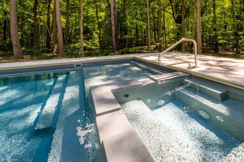 Une piscine avec des marches et une rampe métallique, entourée d’une zone boisée.