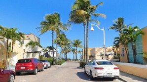 A street lined with palm trees and parked cars, with buildings on either side.