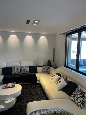 Una Smart TV, una chimenea, un reproductor de DVD, libros