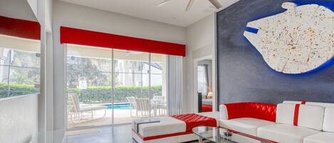 Smart TV, DVD player, table football, books