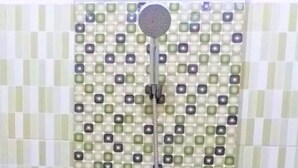 A shower with a square, mosaic tile pattern and a round showerhead.
