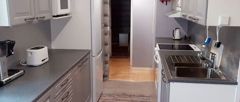 A compact kitchen with a microwave, toaster, and sink. A colorful rug is on the floor, and a red fire extinguisher is mounted on the wall.