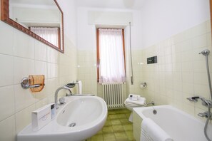 Bathtub, hair dryer, bidet, towels