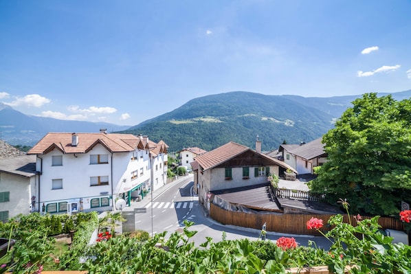 A town with traditional architecture, a main road, and a mountain in the background.