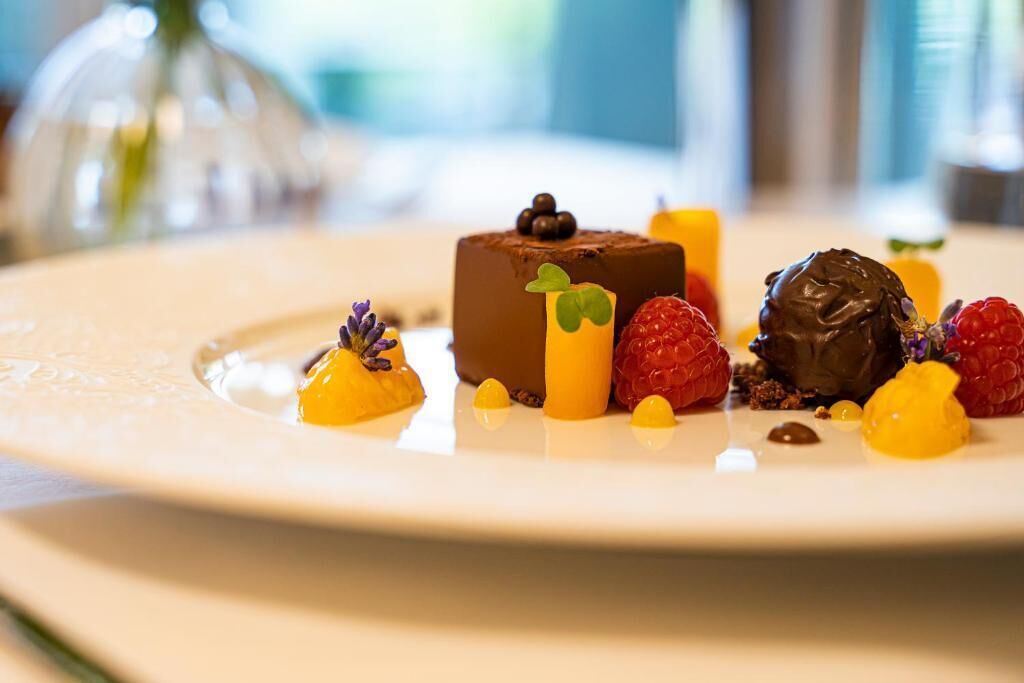 Une assiette de dessert avec une mousse au chocolat, des framboises et des morceaux de fruits jaunes.