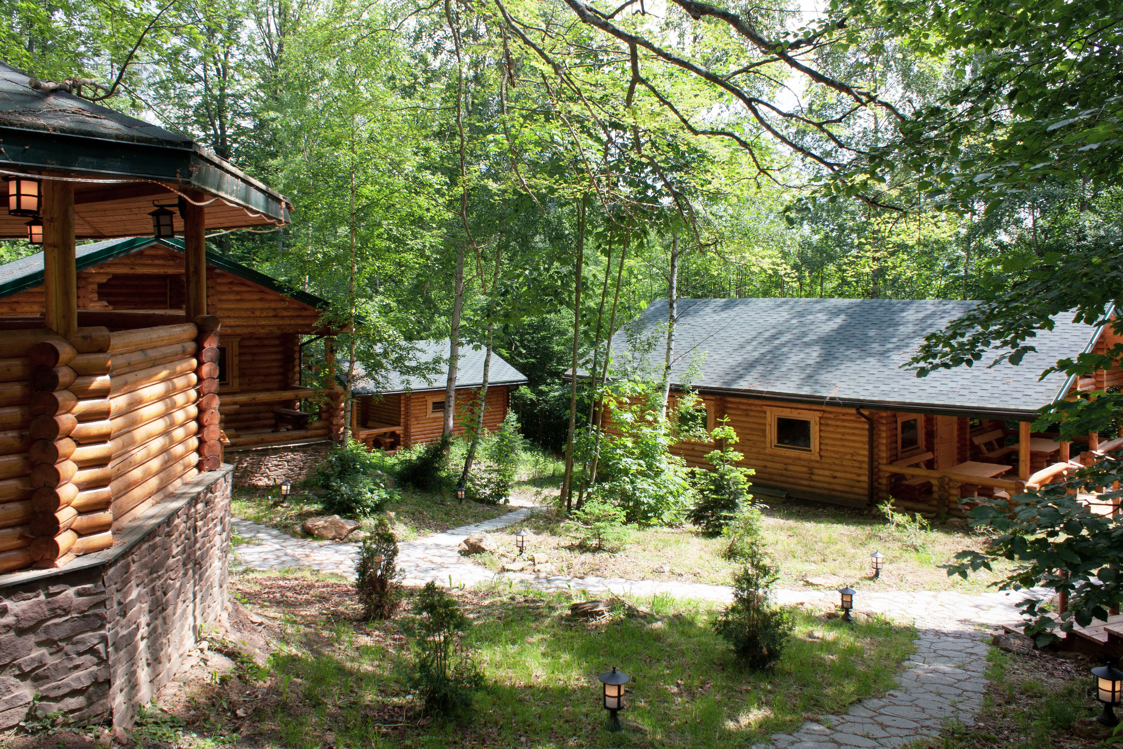 A log cabin with a stone foundation, a stone pathway, and a small garden area with a lantern.
