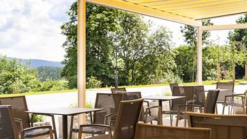 An outdoor patio with tables and chairs, large windows, and a view of trees and mountains.