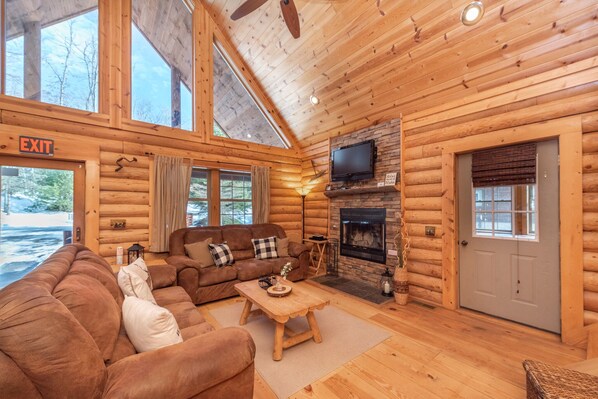 Smart TV, fireplace, video games, DVD player