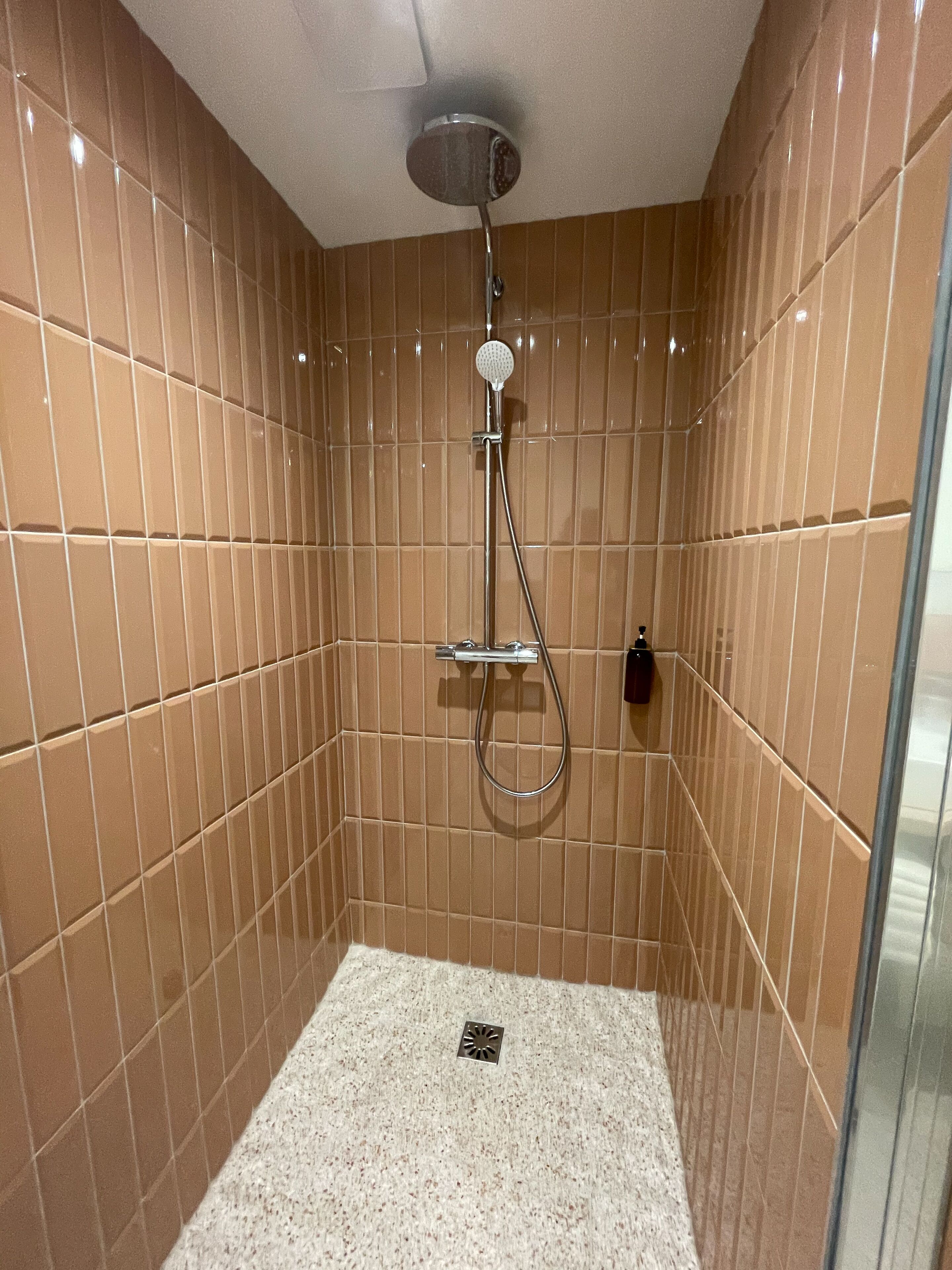 A small, tiled shower room with a showerhead and handheld shower.